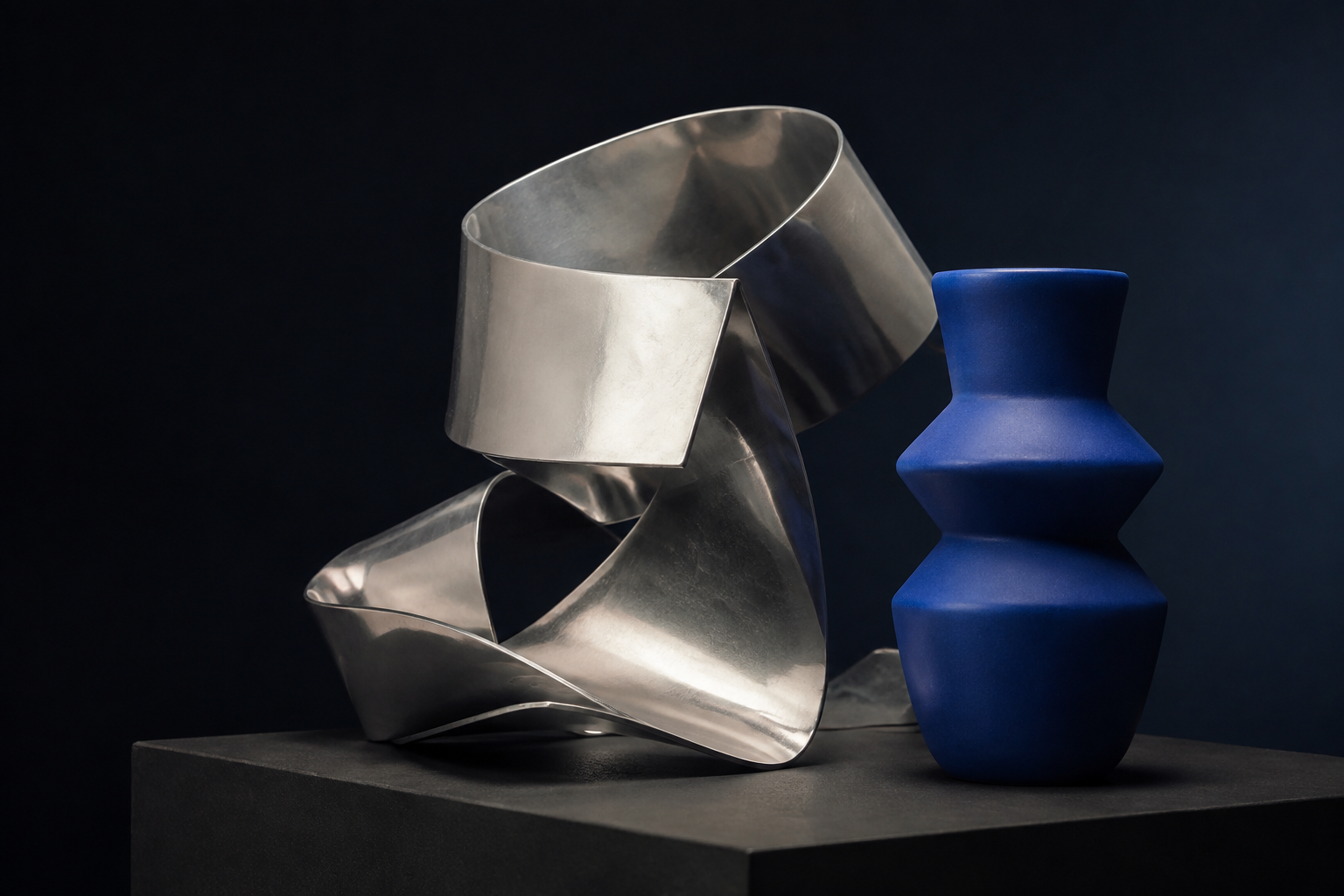 Concept visualization of a sculptural metal ribbon and a ceramic vessel